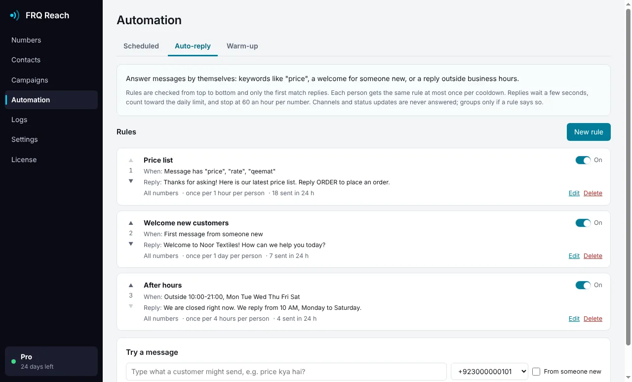 FRQ Reach auto-reply rules