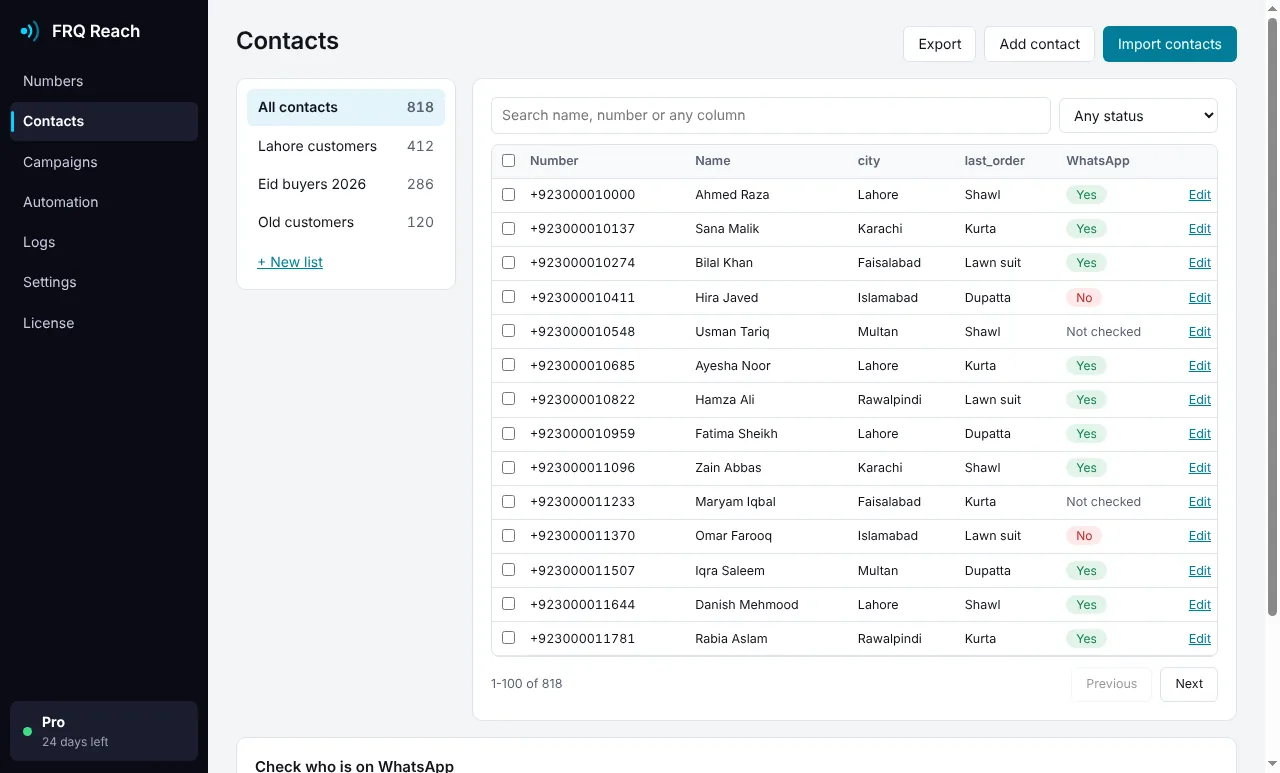 FRQ Reach contacts screen with lists and WhatsApp status