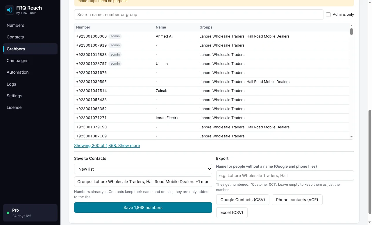 FRQ Reach grabbed numbers with save to list and export buttons