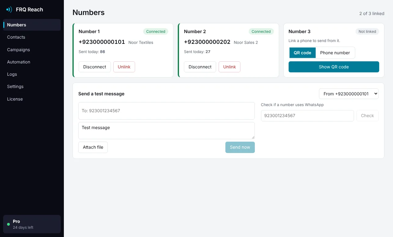 FRQ Reach numbers screen with two linked numbers