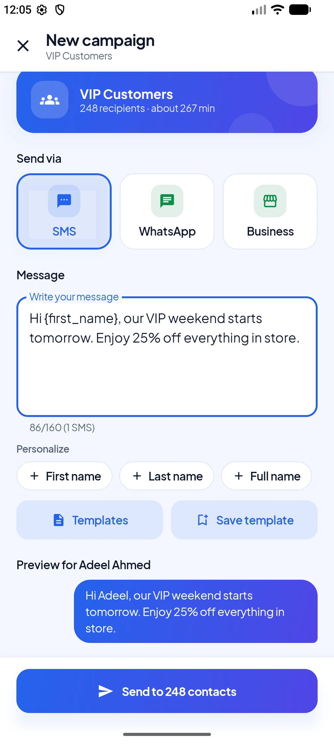 FRQ SMS Sender campaign screen